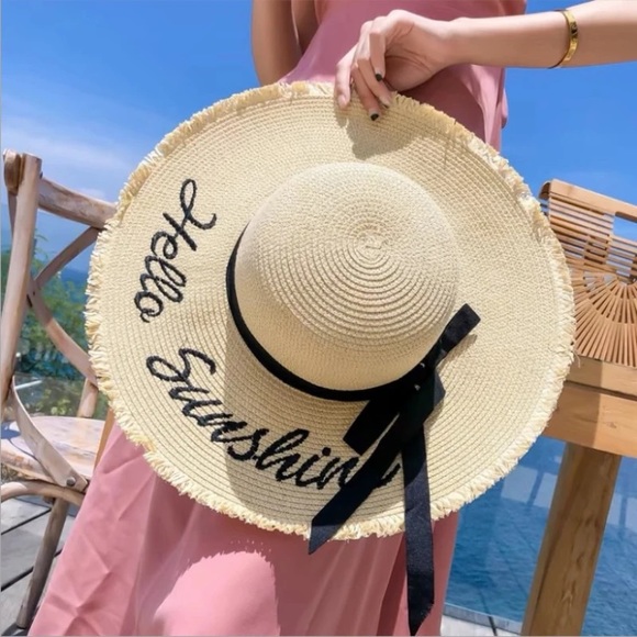 211. CLEARANCE! Cream black Hello Sunshine Straw Beach Hat Bohemian Retro pool - Picture 6 of 7